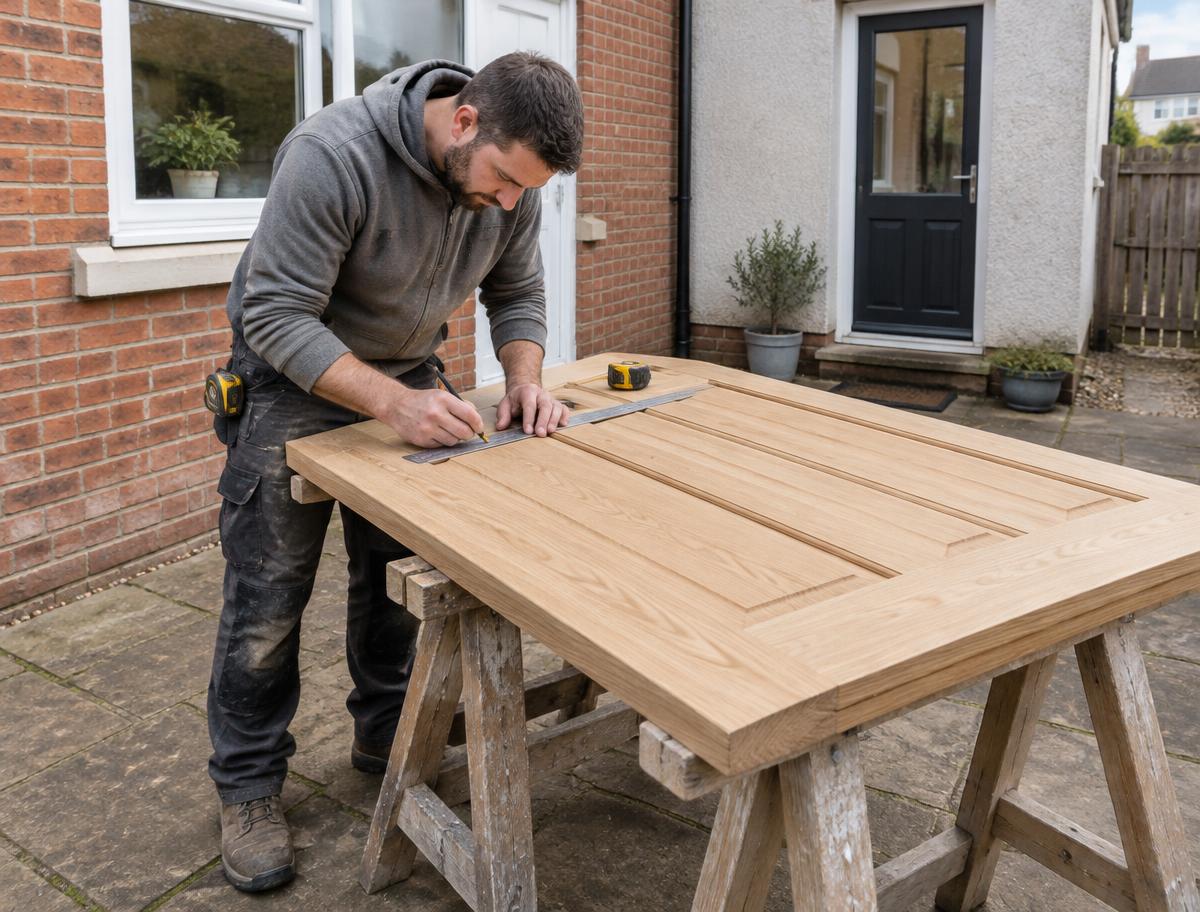 Joiner measuring and marking an oak door on trestles outside a British home