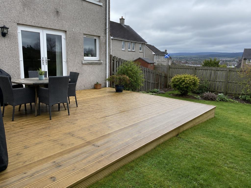 Timber decking in the back garden of a Scottish house