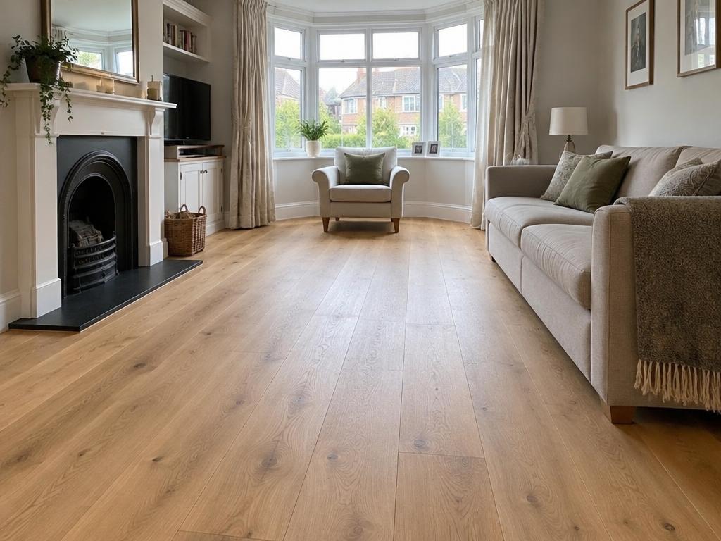 Oak timber flooring laid in a living room with a bay window