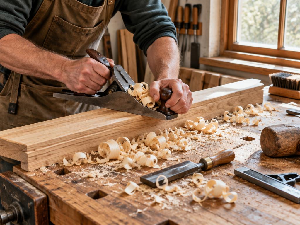 Joiner planing a length of oak on a workbench