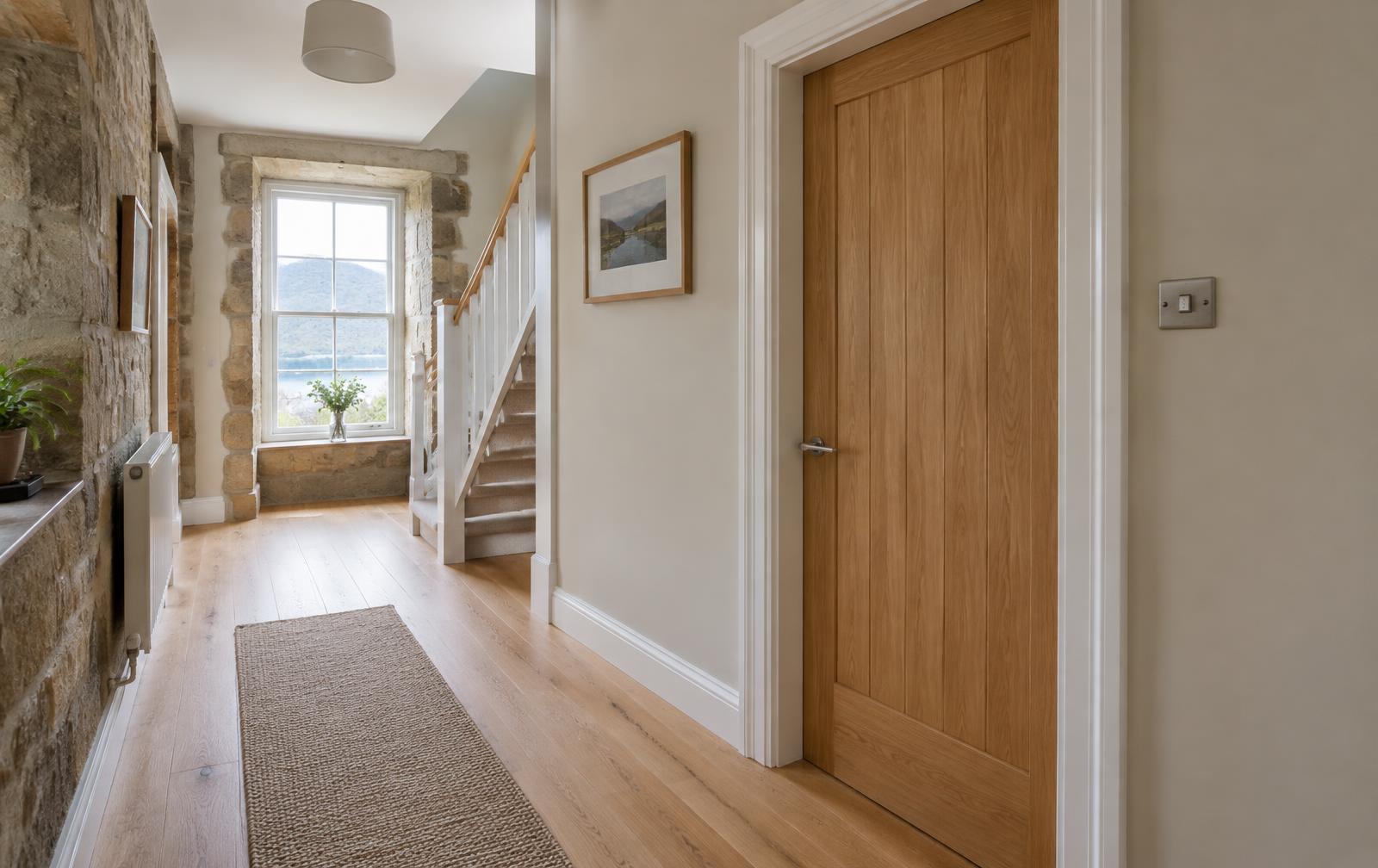 Hallway with an oak internal door and timber floor