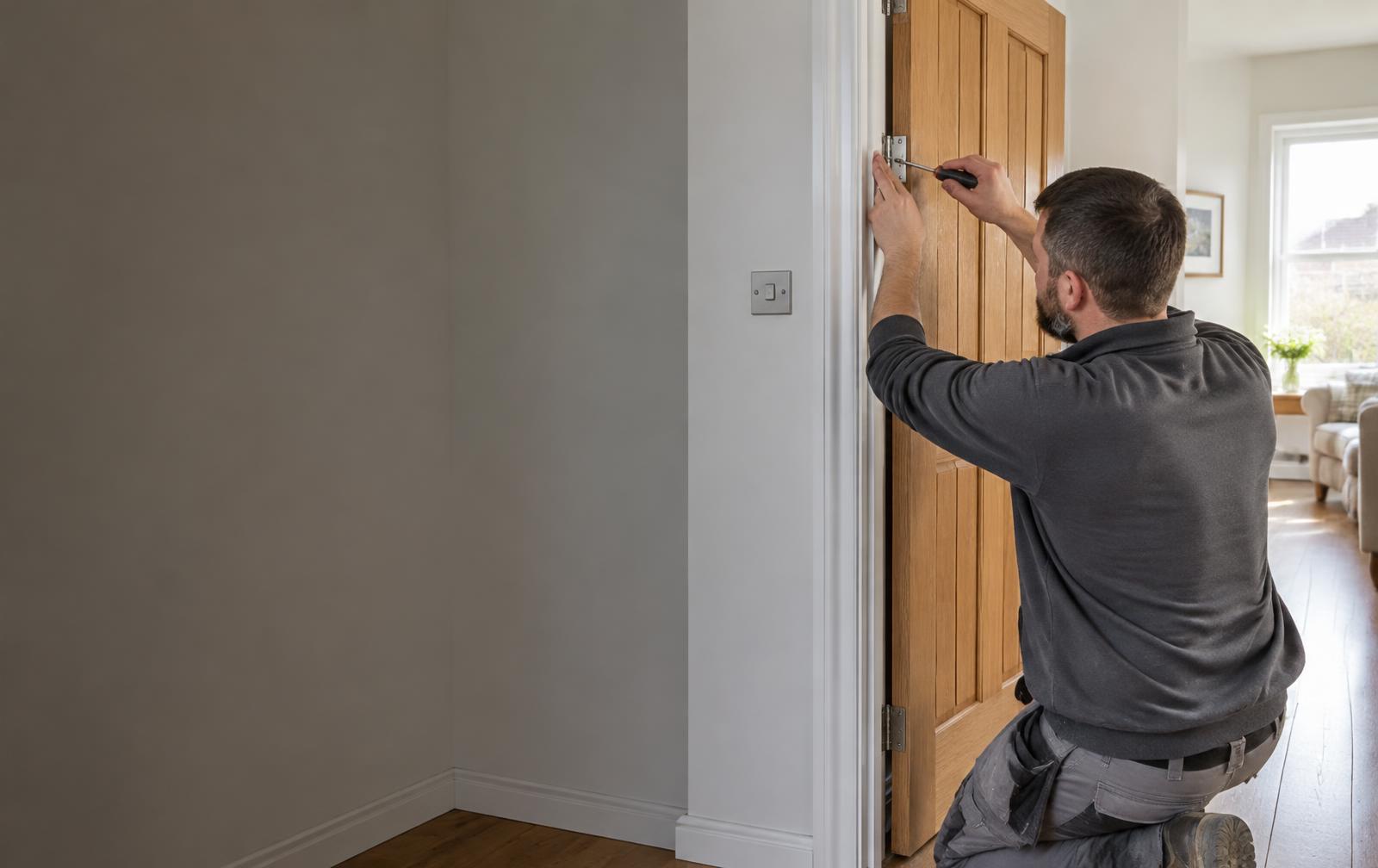 Joiner adjusting the hinges of an oak internal door in a bright British home