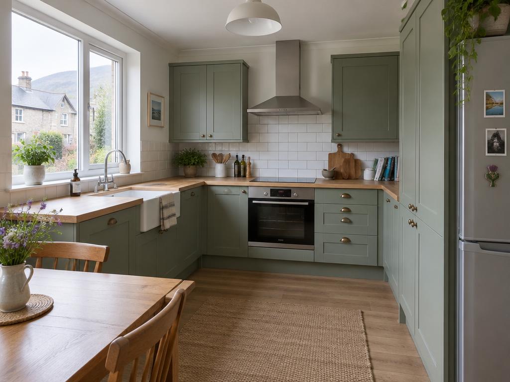 Sage green shaker kitchen with oak worktops