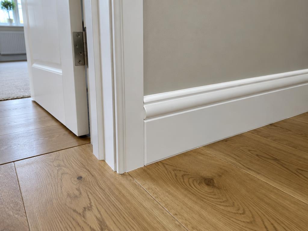 Newly fitted white skirting board and architrave meeting at a door frame